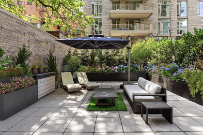 A one-bedroom condo with a 800-square-foot landscaped terrace in Hell's Kitchen